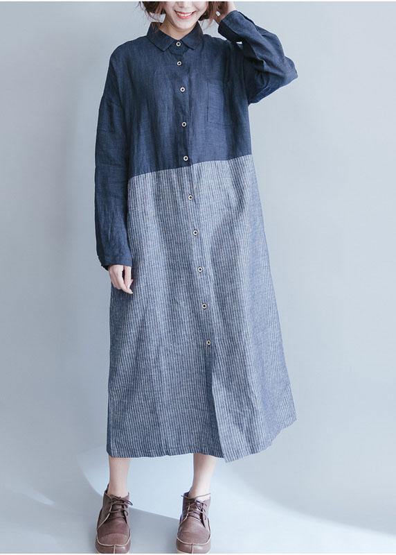 Elegant blue cotton linen Wardrobes lapel collar dress patchwork striped Dresses - SooLinen