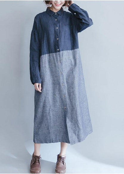 Elegant blue cotton linen Wardrobes lapel collar dress patchwork striped Dresses - SooLinen