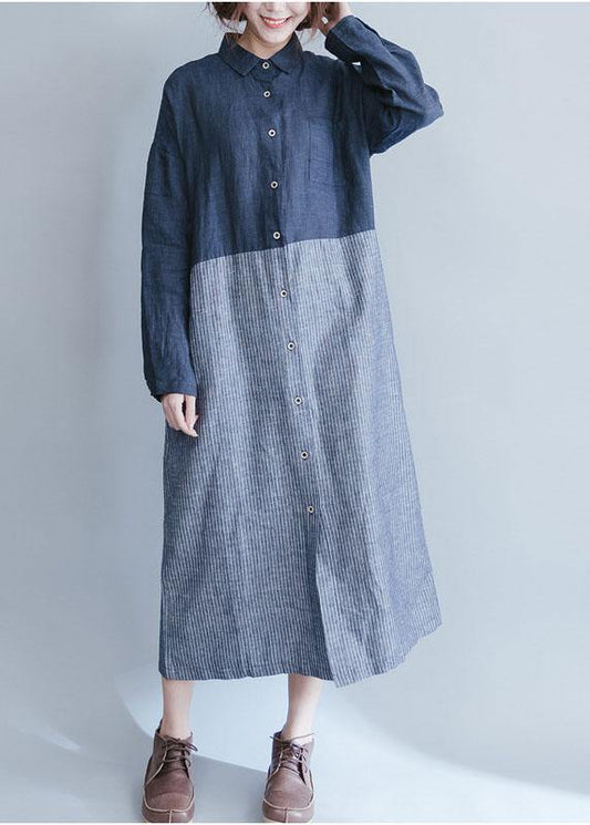 Elegant blue cotton linen Wardrobes lapel collar dress patchwork striped Dresses - SooLinen