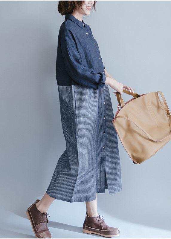 Elegant blue cotton linen Wardrobes lapel collar dress patchwork striped Dresses - SooLinen