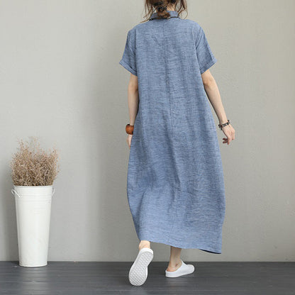 Elegant blue natural linen dress plus size side tie waist linen clothing dress Elegant lapel collar linen caftans