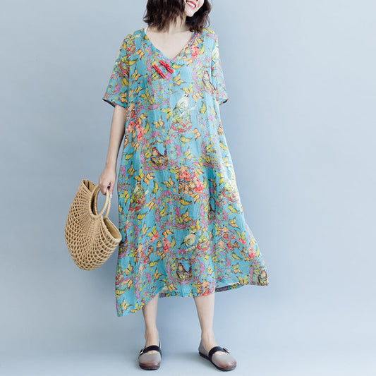 Elegante Leinenkleider mit blauem Aufdruck, Übergrößen, V-Ausschnitt, A-Linien-Röcke, Kaftane 2018, kurzärmelige Kleider