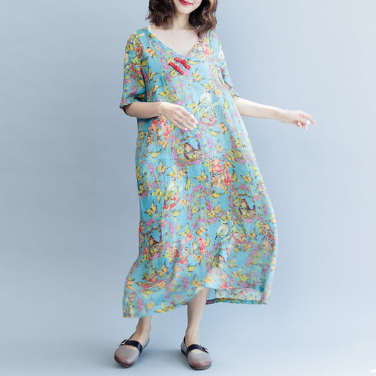 Elegante Leinenkleider mit blauem Aufdruck, Übergrößen, V-Ausschnitt, A-Linien-Röcke, Kaftane 2018, kurzärmelige Kleider