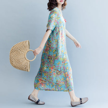 Elegante Leinenkleider mit blauem Aufdruck, Übergrößen, V-Ausschnitt, A-Linien-Röcke, Kaftane 2018, kurzärmelige Kleider