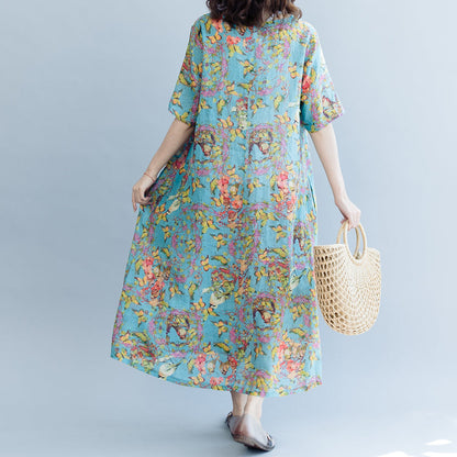 Elegante Leinenkleider mit blauem Aufdruck, Übergrößen, V-Ausschnitt, A-Linien-Röcke, Kaftane 2018, kurzärmelige Kleider