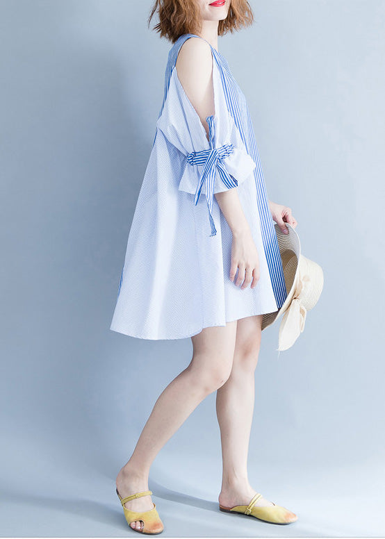 Elegante blau gestreifte Baumwollkleidung in Übergröße Stoffe schulterfrei Sommerkleider