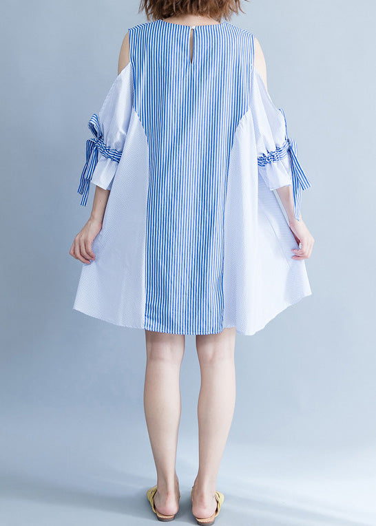 Elegante blau gestreifte Baumwollkleidung in Übergröße Stoffe schulterfrei Sommerkleider