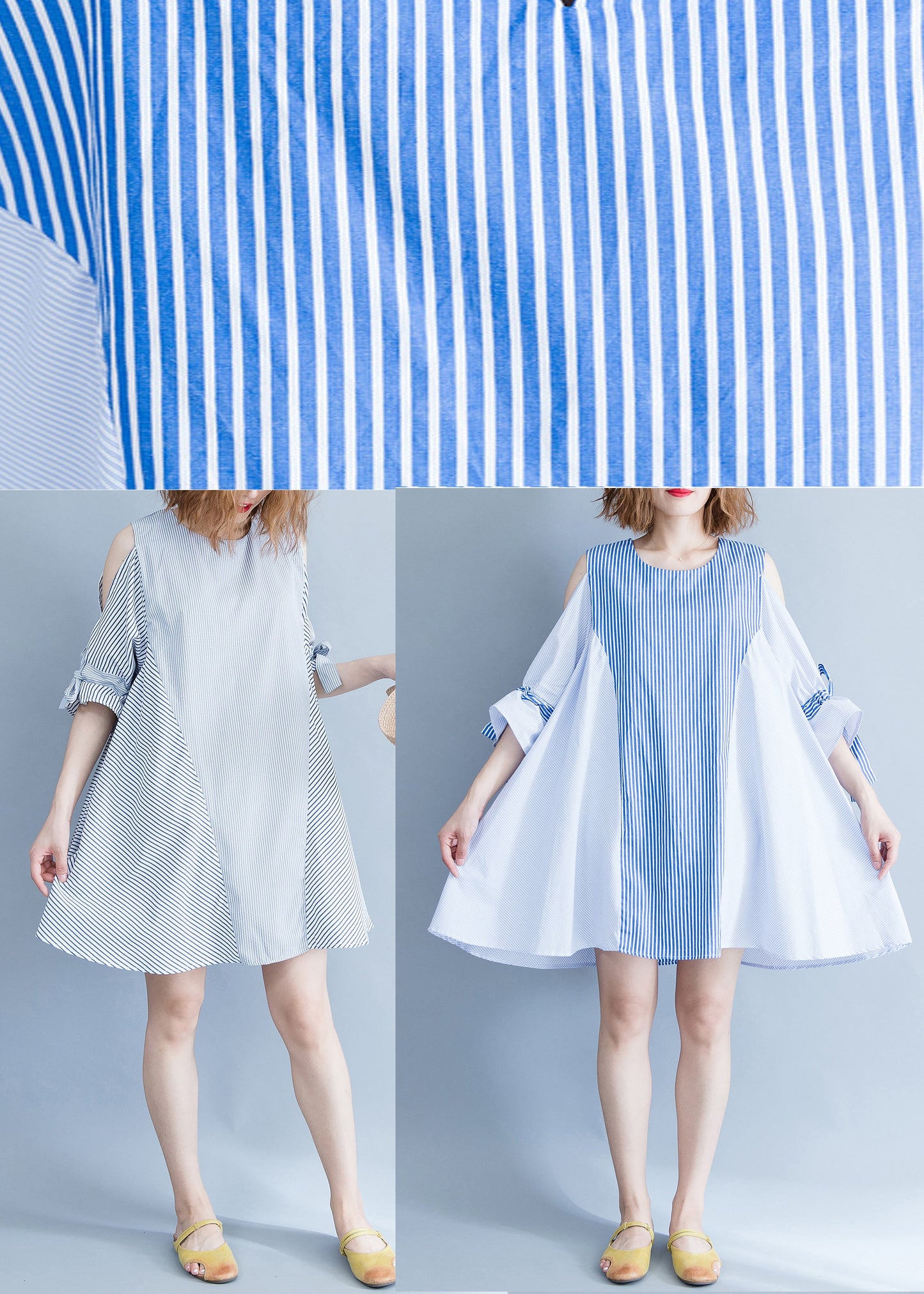 Elegante blau gestreifte Baumwollkleidung in Übergröße Stoffe schulterfrei Sommerkleider