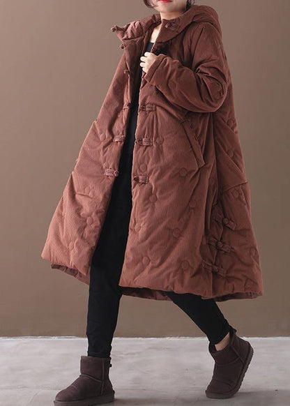 Elegant brown outwear trendy plus size warm winter coat Chinese Button hooded coats - SooLinen
