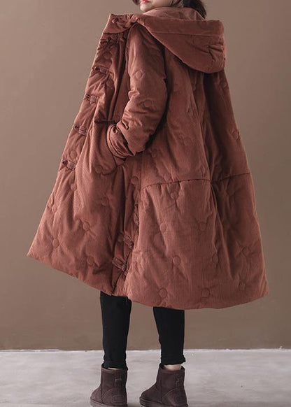 Elegant brown outwear trendy plus size warm winter coat Chinese Button hooded coats - SooLinen