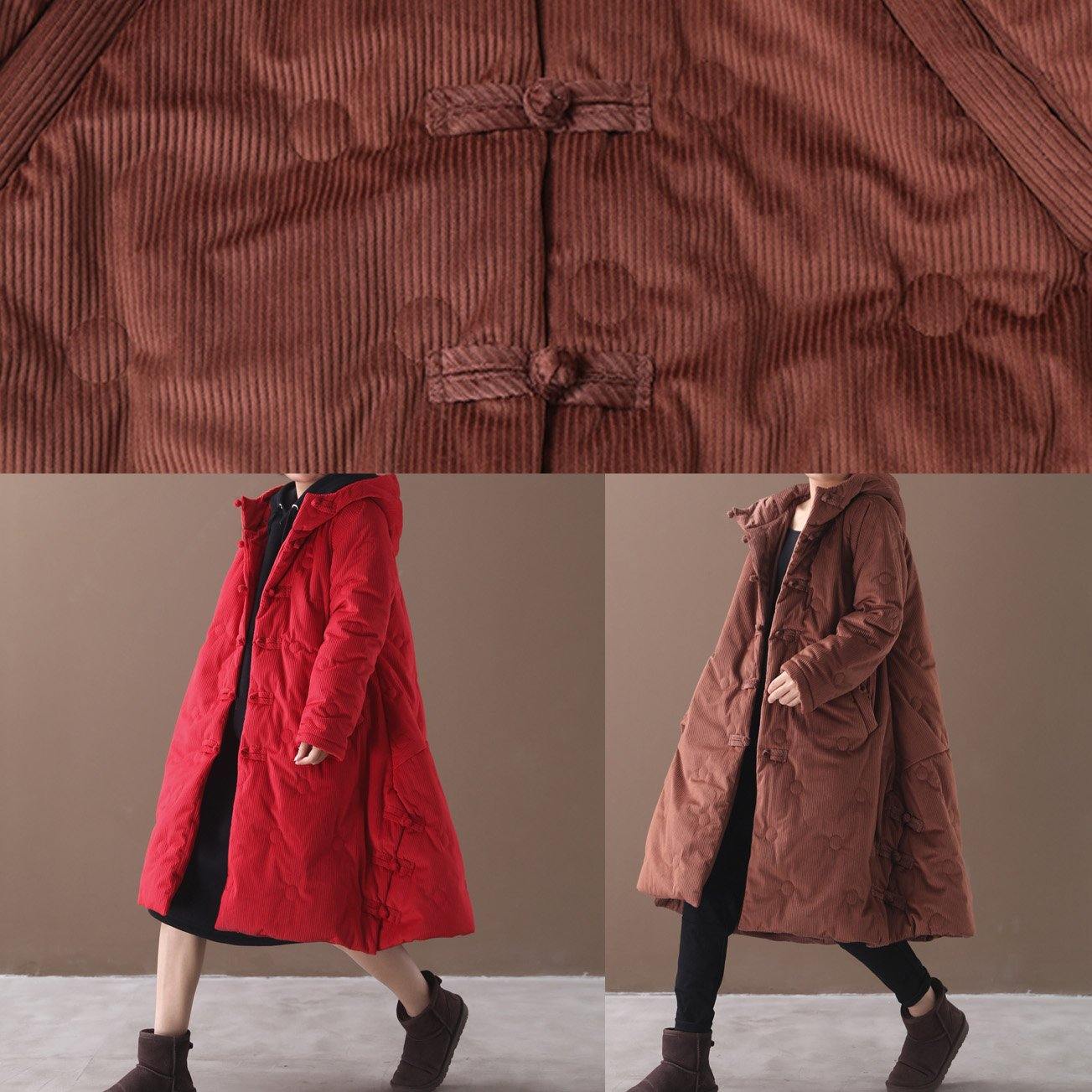 Elegant brown outwear trendy plus size warm winter coat Chinese Button hooded coats - SooLinen