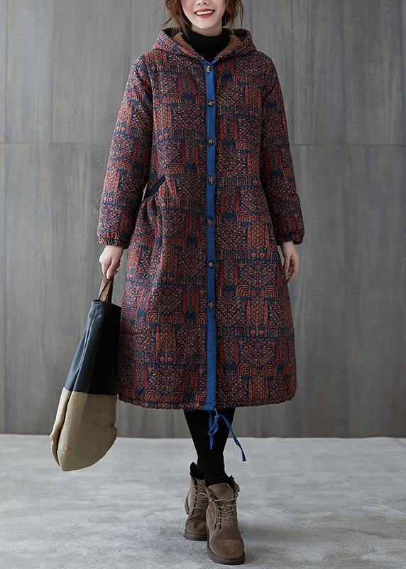 Elegant burgundy print overcoat plus size warm hooded drawstring winter coats - SooLinen