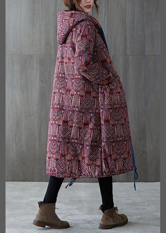 Elegant burgundy print overcoat plus size warm hooded drawstring winter coats - SooLinen