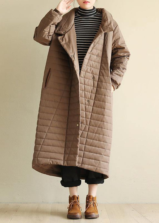 Elegant casual snow jackets high neck outwear dark khaki wild Parkas for women - SooLinen