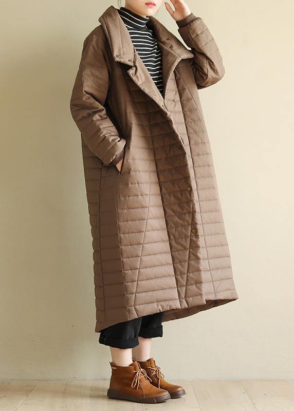 Elegant casual snow jackets high neck outwear dark khaki wild Parkas for women - SooLinen