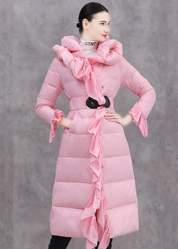 Elegant casual winter jacket ruffles Jackets pink tie waist duck down coat - SooLinen