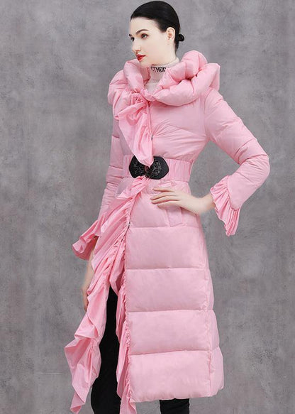 Elegant casual winter jacket ruffles Jackets pink tie waist duck down coat - SooLinen