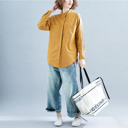 Elegante schokoladenbraune Leinenkleidung für Frauen Bio-Ausschnitt Langarm-Box-Patchwork-Streifenoberteil