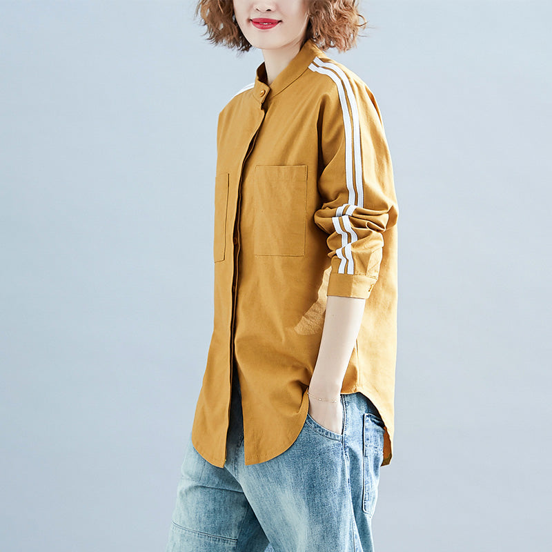 Elegante schokoladenbraune Leinenkleidung für Frauen Bio-Ausschnitt Langarm-Box-Patchwork-Streifenoberteil