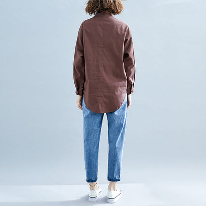 Elegante schokoladenbraune Leinenkleidung für Frauen Bio-Ausschnitt Langarm-Box-Patchwork-Streifenoberteil