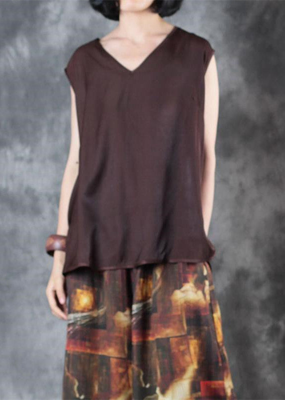 Elegante schokoladenbraune Leinenweste in Übergröße, Leinen-T-Shirts, lässig, ärmellos, V-Ausschnitt, Leinenkleidung, T-Shirt