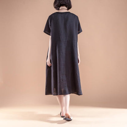 Elegant cotton dresses oversize Short Sleeve Pockets Summer Casual Black Dress