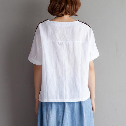 Elegante Bluse aus Baumwollleinen in Übergröße, High-Low-Saum, kurzärmelige weiße Sommerbluse
