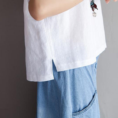 Elegante Bluse aus Baumwollleinen in Übergröße, High-Low-Saum, kurzärmelige weiße Sommerbluse