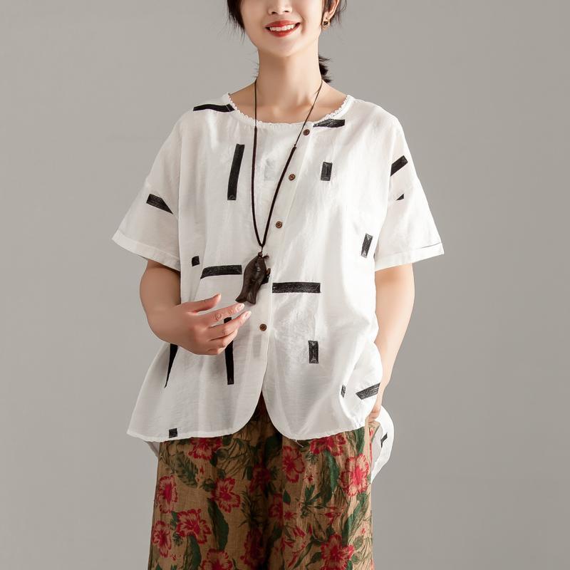 Elegante Baumwollhemden in Übergröße, Rundhalsausschnitt, kurze Ärmel, Sommer, weiße Bluse mit hohem Saum