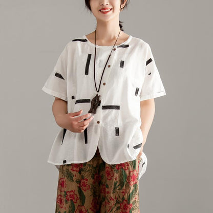 Elegante Baumwollhemden in Übergröße, Rundhalsausschnitt, kurze Ärmel, Sommer, weiße Bluse mit hohem Saum