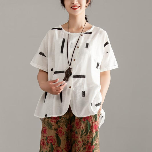 Elegante Baumwollhemden in Übergröße, Rundhalsausschnitt, kurze Ärmel, Sommer, weiße Bluse mit hohem Saum