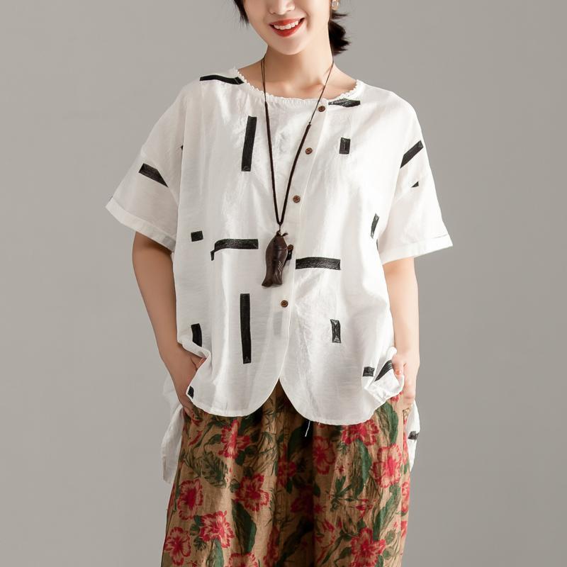 Elegante Baumwollhemden in Übergröße, Rundhalsausschnitt, kurze Ärmel, Sommer, weiße Bluse mit hohem Saum