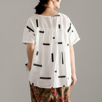 Elegante Baumwollhemden in Übergröße, Rundhalsausschnitt, kurze Ärmel, Sommer, weiße Bluse mit hohem Saum