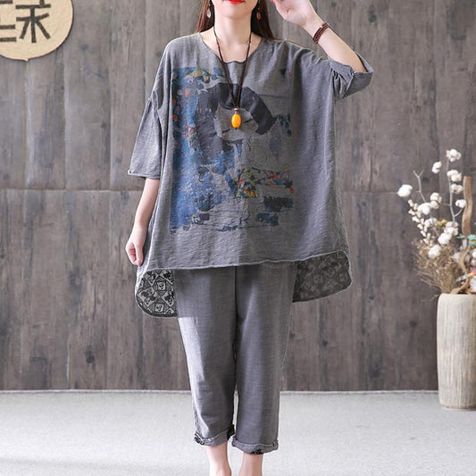Elegant cotton summer top plus size Loose Gray Casual High-Low Hem Summer Suit