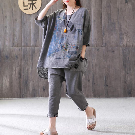Elegant cotton summer top plus size Loose Gray Casual High-Low Hem Summer Suit
