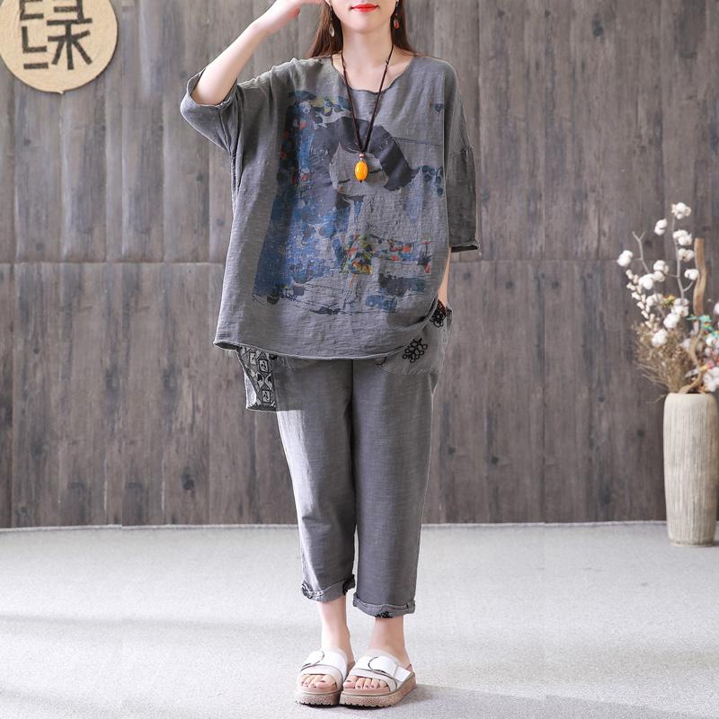 Elegant cotton summer top plus size Loose Gray Casual High-Low Hem Summer Suit