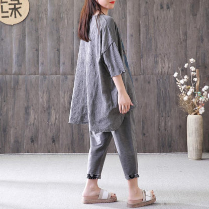Elegant cotton summer top plus size Loose Gray Casual High-Low Hem Summer Suit