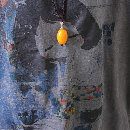 Elegant cotton summer top plus size Loose Gray Casual High-Low Hem Summer Suit