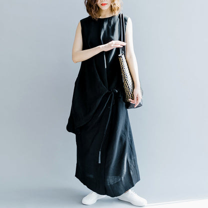 Elegantes dunkelgraues Leinen Maxikleid oversized O Hals Baggy Kleider Leinen Kleidung Kleid lässig Ärmellos Krawatte Taille Kaftans