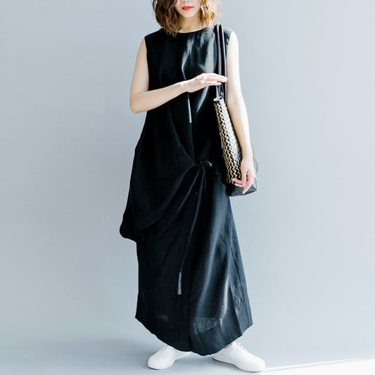 Elegantes dunkelgraues Leinen Maxikleid oversized O Hals Baggy Kleider Leinen Kleidung Kleid lässig Ärmellos Krawatte Taille Kaftans