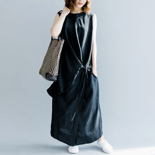 Elegantes dunkelgraues Leinen Maxikleid oversized O Hals Baggy Kleider Leinen Kleidung Kleid lässig Ärmellos Krawatte Taille Kaftans