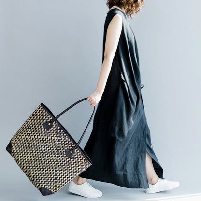 Elegantes dunkelgraues Leinen Maxikleid oversized O Hals Baggy Kleider Leinen Kleidung Kleid lässig Ärmellos Krawatte Taille Kaftans