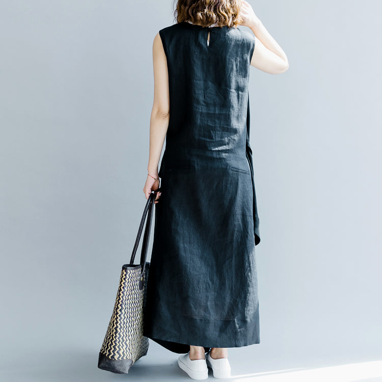 Elegantes dunkelgraues Leinen Maxikleid oversized O Hals Baggy Kleider Leinen Kleidung Kleid lässig Ärmellos Krawatte Taille Kaftans