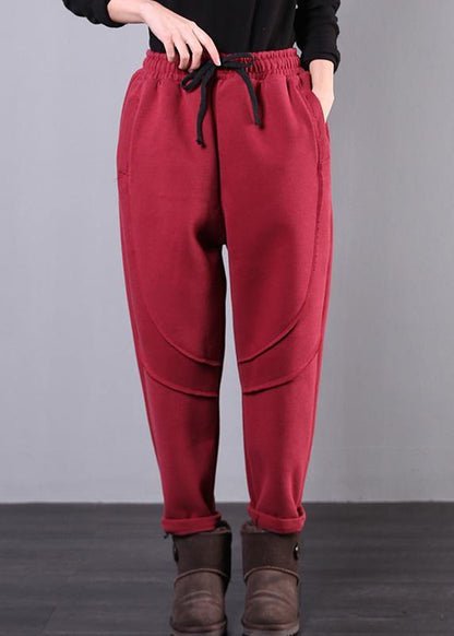 Elegant elastic waist women pants oversize red Tutorials drawstring Jeans - SooLinen