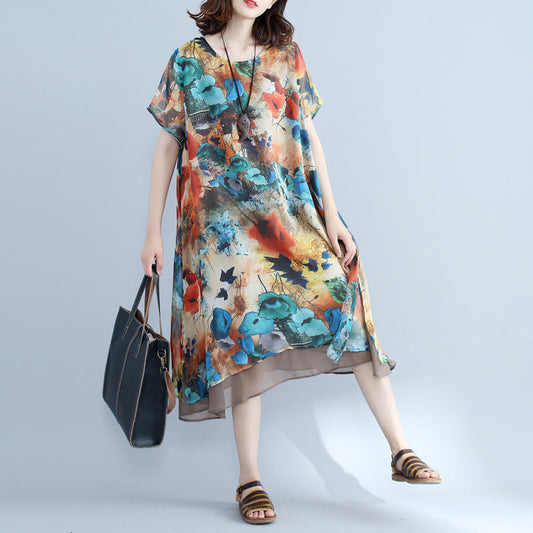 Elegantes Chiffonkleid mit Blumenmuster, Urlaubskleider in Übergröße 2018, kurzärmliges, seitlich offenes Chiffonkleid
