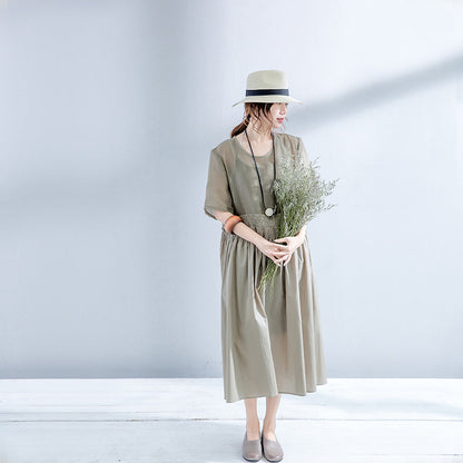 Elegante graue Kleider aus Baumwollleinen in Übergröße, elastischer Bund, Baumwollkleider, feines Leinenkleid mit Rundhalsausschnitt