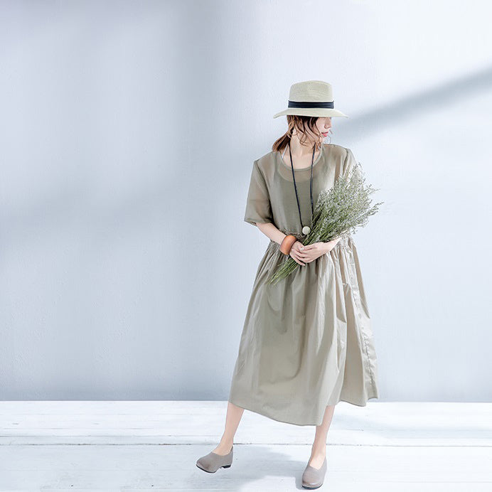 Elegante graue Kleider aus Baumwollleinen in Übergröße, elastischer Bund, Baumwollkleider, feines Leinenkleid mit Rundhalsausschnitt