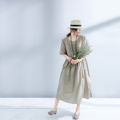Elegante graue Kleider aus Baumwollleinen in Übergröße, elastischer Bund, Baumwollkleider, feines Leinenkleid mit Rundhalsausschnitt