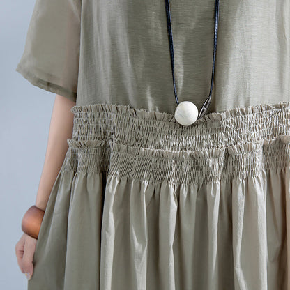 Elegante graue Kleider aus Baumwollleinen in Übergröße, elastischer Bund, Baumwollkleider, feines Leinenkleid mit Rundhalsausschnitt