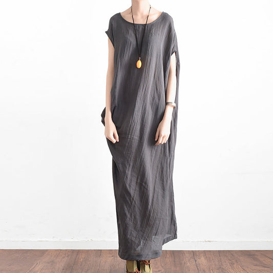Elegante graue übergroße Sommer-Leinenkleider seitlich drapiert asymmetrische Baumwolle